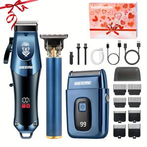 TEMU WEEME TZ810 블루 앤 실버 남성용 전기 이발 및 면도 세트 3종 세트, 신상 패션 디자인, 정밀 커팅 완벽한 헤어컷 전기 면도기 세트