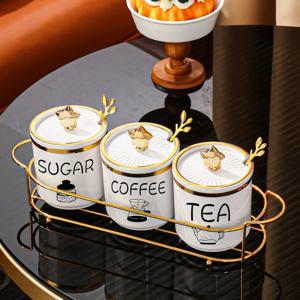 TEMU 1세트 (1 랙, 3 캔, 3 스푼) 플라스틱 설탕캔, 사탕캔, 식품 보관용 캔, 장식용 캔, 밀폐 캔, 거실 및 주방 트레이, 식기 보관용 캔, 산업적이고 과학적인 양념 캔