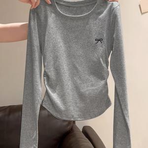 TEMU 73756 여성용 우아한 V넥 긴팔 티셔츠, 리본 프린트, 슬림핏 허리 집게 탑, 봄/가을용, 연회색 캐주얼 & 정장용, 봄 패션 티 | 우아한 V넥 티 | 매끄러운 질감