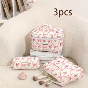 TEMU 3pcs 세트의 Bow 크리스마스 메이크업 가방, 접이식 체크 메이크업 가방, 대용량, 휴대용 여행 주최자 가방, 손잡이가 있는 화장품 보관 가방