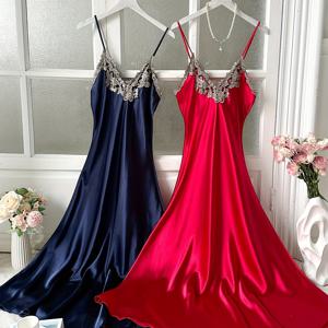 TEMU 2pcs 우아한 여성용 긴 소매 레이스 트림 실크 나이트가운 세트 - V넥, 단색, 올시즌 잠옷, 성인용, 편안한 잠옷|레이스 트림 드레스|실리키 부드러운 질감