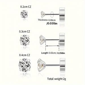 TEMU 3 쌍의 우아한 스타일 2-4mm 정사각형 스터드 귀걸이, 합성 큐빅 지르코니아, 316 스테인리스 스틸, 여성을 위한 데일리 웨어 패션 쥬얼리