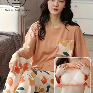 TEMU 여성용 편안한 가을과 겨울 캐주얼 파자마 세트, 내장 브라 포함 - 긴 소매, 긴 바지, 라운드 넥, 꽃무늬, 가슴 포켓, 캐주얼 홈웨어|플로랄 프린트 파자마|포켓 탑, 여성용 파자마