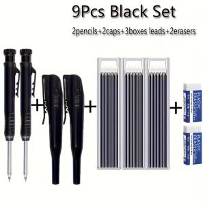 TEMU 9개/세트 2.8mm 목공 마킹 연필 내장형 연필깎이 포함 블랙/더블 컬러 심호리마킹 펜슬, 목수 건축가용 프로페셔널 필기 도구 (연필 2개+캡 2개+심 3개+지우개 2개)