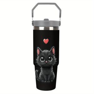 TEMU 1pc 30oz 스테인리스 스틸 텀블러 귀여운 검은 고양이 디자인 - 내구성, 절연 믹스, 핸들 - 캠핑, 하이킹 및 야외 모험에 적합 - 친구 및 가족에게 이상적인 선물, 캠핑 텀블러 | 재미있는 디자인 | 내구성, 귀여운 텀블러