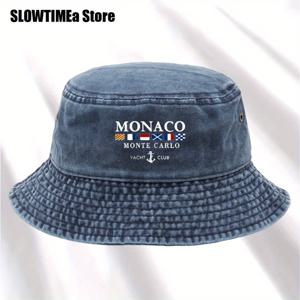 TEMU 1개 모나코 버킷햇 - 워시드 피셔맨 스타일, 100% 비스코스 소재, 버건디 & 화이트 MONACO 로고 & 몬테카를로 요트 클럽 디자인, 남녀공용 아웃도어 여행모자, 세탁기 사용 가능