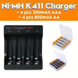 TEMU 세트(배터리+충전기), POWERKAN 1.2V 니켈수소 충전식 AA 및 AAA 배터리 + K411 충전기, 재사용 가능, 800mAh AA 배터리 x4개 + 300mAh AAA 배터리 x4개 콤보, 5V 2A USB 고속 충전 AA AAA 충전기 포함, 가정 전자 액세서리 필수 스타터 키트