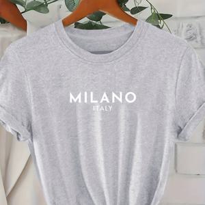 TEMU 플러스 사이즈 MILANO 프린트 티셔츠, 봄 & 여름용 캐주얼 크루넥 반팔 탑, 여성용 플러스 사이즈 의류