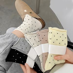 TEMU 여성용 캐주얼 폴카 도트 미드 캘프 양말 5켤레, 가을 스포츠용으로 다용도입니다.