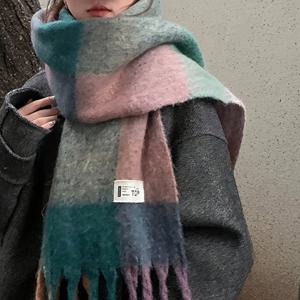 TEMU 세련된 대비 색 사각형 격자 청키 스카프 우아한 두꺼운 따뜻한 술 목도리 가을 겨울 Coldproof Windproof 래핑 된 목 스카프