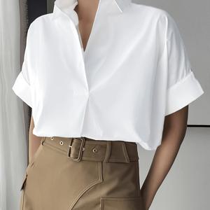 TEMU 솔리드 칼라 칼라 심플 블라우스, 우아한 루즈 쇼트 슬리브 블라우스, 오피스 및 업무용 여성 의류