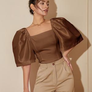 TEMU 여성의 우아한 스퀘어 넥 블라우스 - 슬림핏, 단색 대비, 버튼 디테일, 현대 필리핀 스타일, 봄/여름 시크 탑, 여성용 블라우스