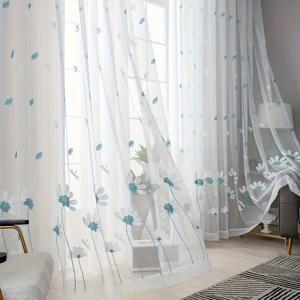 TEMU 1pc 우아한 화이트 데이지 자수 로드 포켓 커튼 - 부드러운 폴리에스터 소재, 파란색 액센트가 있는 조명 필터링 디자인, 침실, 거실, 또는 사무실 장식에 완벽한 침실 창문 | 꽃무늬 커튼 | 광택 있는 마감, 거실 커튼