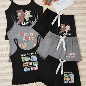 TEMU 여름용 귀여운 곰 글자 스트랩 쇼츠 캐주얼 홈 슬립웨어 세트 3개 세트