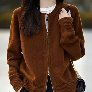 TEMU 여성용 우아한 지퍼업 가디건 - 골든톤 지퍼가 있는 소프트 라운드넥 긴팔 오픈 프론트 스웨터, 캐주얼 & 포멀 룩을 위한 가벼운 봄/가을 레이어링 아이템, 클래식 여성용 스웨터, 세련된 스타일, 정교한 질감, 스타일리시한 여성용|가디건