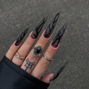 TEMU 네일 니나 24피스 블랙 쏜 롱 스틸레토 프레스온 네일, 매트 & 글로시 마감, 물방울 모양, 멋지고 다재다능, 여성을 위한 완벽한 선물
