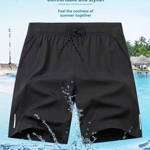 TEMU 남성용 스타일리시 블랙 캐주얼 반바지 지퍼 디테일 - 여름 활동, 러닝, 농구, 피트니스, 해변 파티에 완벽, 해변 파티 반바지 | 캐주얼 여름 반바지 | 짠 원단