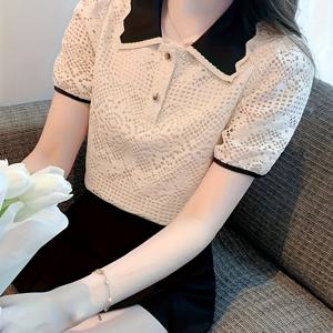 TEMU 여성용 프랑스식 레이스 블라우스 - 우아한 반팔 크로셰 홀로우 아웃 탑, 봄 여름 가을 캐주얼 아웃팅용 베이지 & 블랙 컨트라스트, 레이스 블라우스|여름블라우스|반팔블라우스