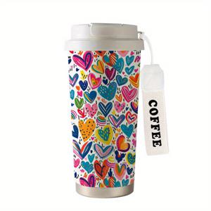 TEMU 500ml 스테인리스 보온 텀블러 (빨대 & 누수방지 뚜껑) - 이중벽 진공단열, 여행용 커피컵, 귀여운 사랑하트 패턴(무지개/컬러풀한 하트) 핫&콜드음료용, 데이 선물, 사무실·가정·캠핑필수품 - 휴대용 커피 보온병 for Women & Girls