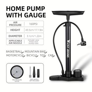 TEMU WEST BIKING 160PSI 고압 자전거 펌프 게이지 포함 - 내구성 있는 스테인리스 스틸, 다용도 밸브(슈레이더, , 덤랩), 수동 작동, 산악자전거, 장난감 자전거 및 야외 사이클링 필수품에 이상적, 세련된 메탈릭 마감, 견고한 구조, 고압 펌프, 튼튼한 건축, 고압 게이지, 자전거 펌프, 야외 애호가용