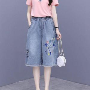 TEMU 여성 빅사이즈 빈티지 하이웨스트 자수 데님 7부 팬츠 -여름가볍고 얇다 데님반바지,빈티지,자수디테일,편안한 통기성 솔리드 디자인 예쁜 데님 반바지|빅사이즈
