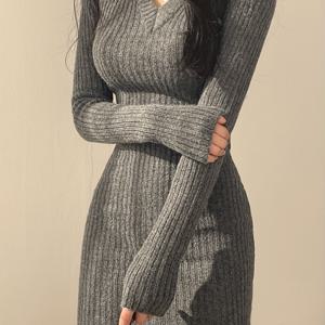 TEMU 단색 니트 스웨터 드레스, 우아한 V넥 긴 소매 바디콘 드레스, 가을/겨울용, 여성용 의류|여성원피스|인견원피스|가을원피스