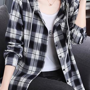 TEMU 여성용 Y2K 패션 후드 플레드 셔츠 - 블랙 앤 화이트 체크무늬 긴팔 블라우스, 칼라, 캐주얼 봄/여름 셔츠, 성인용 귀여운 셔츠