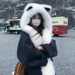 TEMU 1pc 편안한 폴리에스테르 인조 모피 고양이 귀 모자, 통합 스카프, 남녀공용 겨울 따뜻함, 유행적인 올매치 스타일, 가벼운 니트, 스위치 클로저, 싱글 파티에 적합합니다.