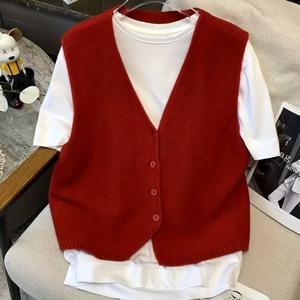TEMU 여성용 스웨터 조끼 - 민소매 가디건 랩퍼, 레드/화이트 컬러 콤보, 버튼 프론트 클로저, 캐주얼 & 포멀 룩을 위한 올시즌 레이어링 아이템 - 세탁기 사용 가능한 우아한 스웨터 조끼, 편안한 핏