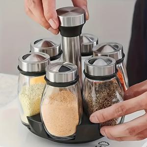 TEMU 6pcs 단층 회전 스파이스 랙, 카운터 탑 정리함, 회전 저장 탑 정리함, 주방 조미료 저장 선반, 유리 스파이스 병