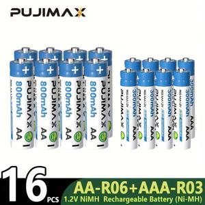 TEMU PUJIMAX 니켈-수소 배터리 1.2V AA800mAh + AAA300mAh 세트, 리모컨, 알람시계, 도어벨, 가스레인지, 자동차 키, 게임 컨트롤러용 대용량 고성능 내구성