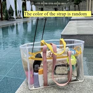 TEMU 대용량 투명 해변 토트 백, 손잡이가 있는 샌드 방지 PVC 보관함 - 휴가, 스포츠 및 해변 필수품을 위한 가벼운 파란색과 노란색 줄무늬 디자인, 내구성과 가벼움, 고품질 해변 바