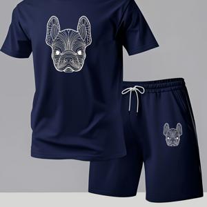TEMU 남성용 2pcs 그래픽 프린트 티셔츠와 반바지 세트 - 흰색 불독 얼굴 디자인으로 블랙 컬러, 편안한 폴리에스터 블렌드, 캐주얼한 여름 의상, 캐주얼한 의상이나 체육관에 적합, 체육관 의류 | 재미있는 그래픽 티 | 신축성 있는 소재|반팔티