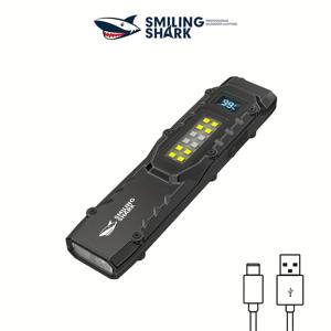 TEMU 스마일링 샤크 전술 손전등, 내장 COB 사이드 라이트가 있는 충전식 스퀘어 LED 토치, 포켓 클립 디자인, 9가지 조명 모드, 디지털 디스플레이 배터리 수준 표시, 야외 캠핑 및 전술용 손전등, 야간 여행, 가정 비상용 손전등
