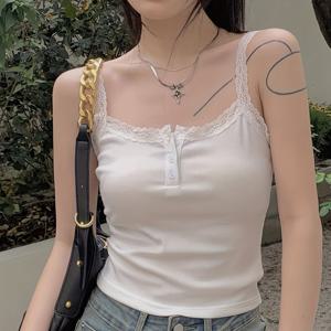 TEMU 컬러풀한 레이스 버튼 탱크 탑, 매력적인 무소매 스쿱 넥 단색 상의, 여성 의류|민소매