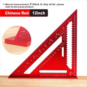 TEMU 12인치 레드 알루미늄 합금 삼각자 - 각도 측정기 및 미터법 눈금 포함, 내구성 있는 금속 구조, 비충전식