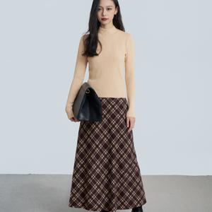 TEMU 여성용 우아한 체크무늬 미디 스커트 - 루즈핏, 긴 소매, 앞면 버튼업, 플레어 헴, 베이지 & 브라운 체크 패턴, 캐주얼 또는 사무실 착용에 완벽, 캐주얼 웨어 스커트 | 체크 무늬 스커트 | 버튼업 스커트