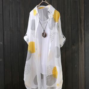 TEMU 올오버 프린트 버튼 프론트 블라우스, 캐주얼 긴팔 허벅지 길이 블라우스, 봄/가을용 여성 의류