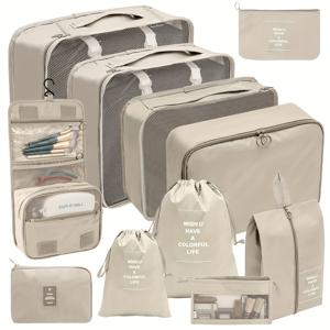 TEMU 다양한 크기와 색상의 효율적인 여행을 위한 11개의 조각 여행 정리 세트, 화장품 가방과 함께 접을 수 있는 패킹 큐브, 폴리에스테르 옷 신발 디지털 보관 파우치, 끈으로 묶을 수 있는 여행용 가방|파우치|신발정리대