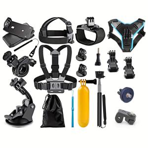 TEMU 18pcs 액션 카메라 액세서리 키트, 가슴 허리띠, 헤드 스트랩, 자전거 마운트, 팔찌, 흡입 컵, 헬멧 홀더, 셀카 스틱, 플로팅 핸드 그립 - for GoPro, DJI Osmo, SJCAM, Insta360 용 - 내구성 있는 ABS 소재, 야외 및 POV 사진 촬영을 위한 마운팅 옵션|자전거헬멧