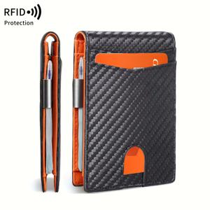 TEMU 루이스IFS RFID 차단 탄소 섬유 지갑 - 슬림한 남성 카드 홀더, 돈 클립, 휴대용 초박형 디자인, 검정색, 오렌지 ID 창, -같은 외관, 접이식 및 가벼운 일상 사용, 신용 카드 보관 | RFID 차단 | 탄소 섬유 패턴, 지갑