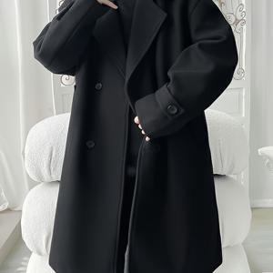 TEMU 남성용 우아한 더블브레스트 - 가을 & 겨울용 캐주얼 롱 코트, 단색 컬러 오픈 칼라