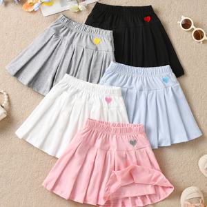 TEMU 귀여운 여아용 베이직 솔리드 컬러 하트 자수 칼리지 스타일 반바지 스커트 세트 - 5pcs 멀티컬러 러플 미디 스커트, 완벽한 여름 아동복