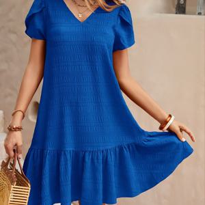 TEMU 우아한 블랙 V넥 드레스, 러플 밑단과 꽃잎 소매 - 여성용 짧은 슬리브, A라인 미디 드레스, 여름 외출 및 캐주얼 우아한 착용에 완벽함 | V넥 드레스 | 러플 밑단 드레스