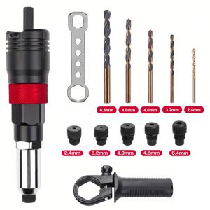 TEMU 1세트 Decwls 전문가용 무선 자동 리벳 건 어댑터 키트 (2.4mm/3.2mm/4.0mm/4.8mm 교체 가능 헤드 & 드릴 비트 포함, 내구성 강한 금속 구조, 인체공학적 미끄럼 방지 그립, 유선/무선 드릴 호환, 가구 제작 및 자동차 수리, 금속 시트 리베팅에 이상적 - DIY용