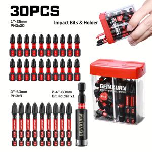 TEMU GEINXURN 30pcs 임팩트 비트 세트, S2 스틸 육각형 헤드, 1-25mm & 2.4-50mm 비트, 듀얼 잠금 컬렛 및 자석 거치대, 빨간 상자 도구 키트