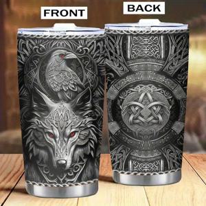 TEMU 20oz 바이킹 테마 스테인리스 텀블러 - 울프 & 켈틱 노트 디자인의 이중벽 보온 여행용 머그, 뜨거운 & 차가운 음료 컵 - 남성, 생일, 크리스마스, 발렌타인데이 선물로 완벽 - 재사용 가능, 손세척 전용