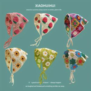 TEMU 2개 세트 핸드니트 삼각 스카프 헤어밴드 - 귀여운 과일 & 꽃무늬, 기하학 패턴, 부드러운 신축성 니트 소재, 혼합 컬러, 봄/가을 외출용, 캐주얼/포멀 웨어, 머리스카프, 장식 술 디자인