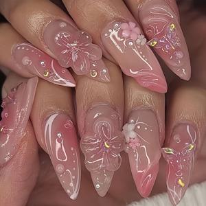TEMU 1 세트 24pcs 핑크 글로우 알몬드 모양 중간 길이 나비 럭셔리 3D 꽃 욕망 네일 팁, 모든 여성을 위한 네일 글루와 네일 버퍼