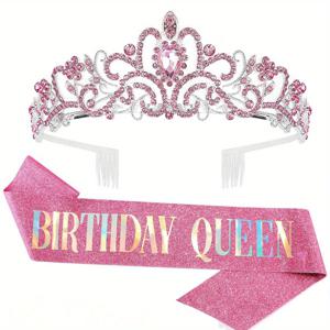 TEMU 생일 라인스톤 크라운 티아라 생일 퀸 사시 및 크라운 여성용 생일 파티 장식 키트 퀸 글리터 헤어 액세서리 할로윈, 크리스마스 이벤트 및 파티 용품